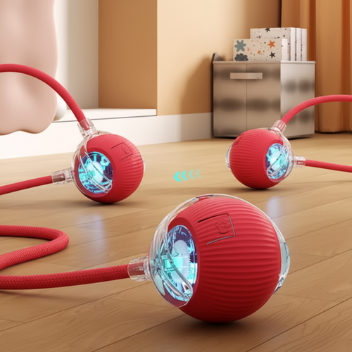 Balle interactive rouge avec LED bleues sur sol en bois