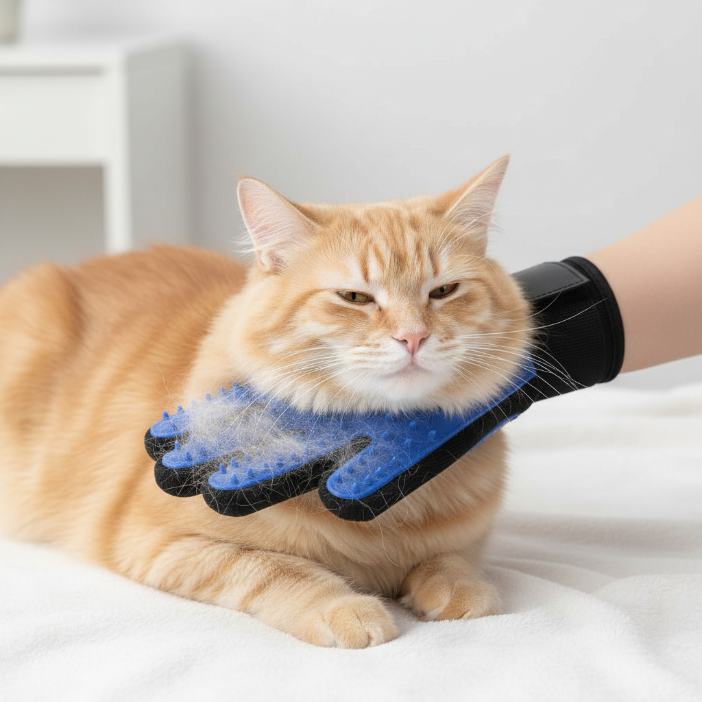 Gant de toilettage avec chat et poils