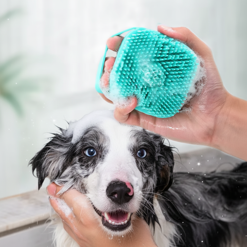 Brosse de Bain avec Distributeur de Shampoing pour Chien et Chat
